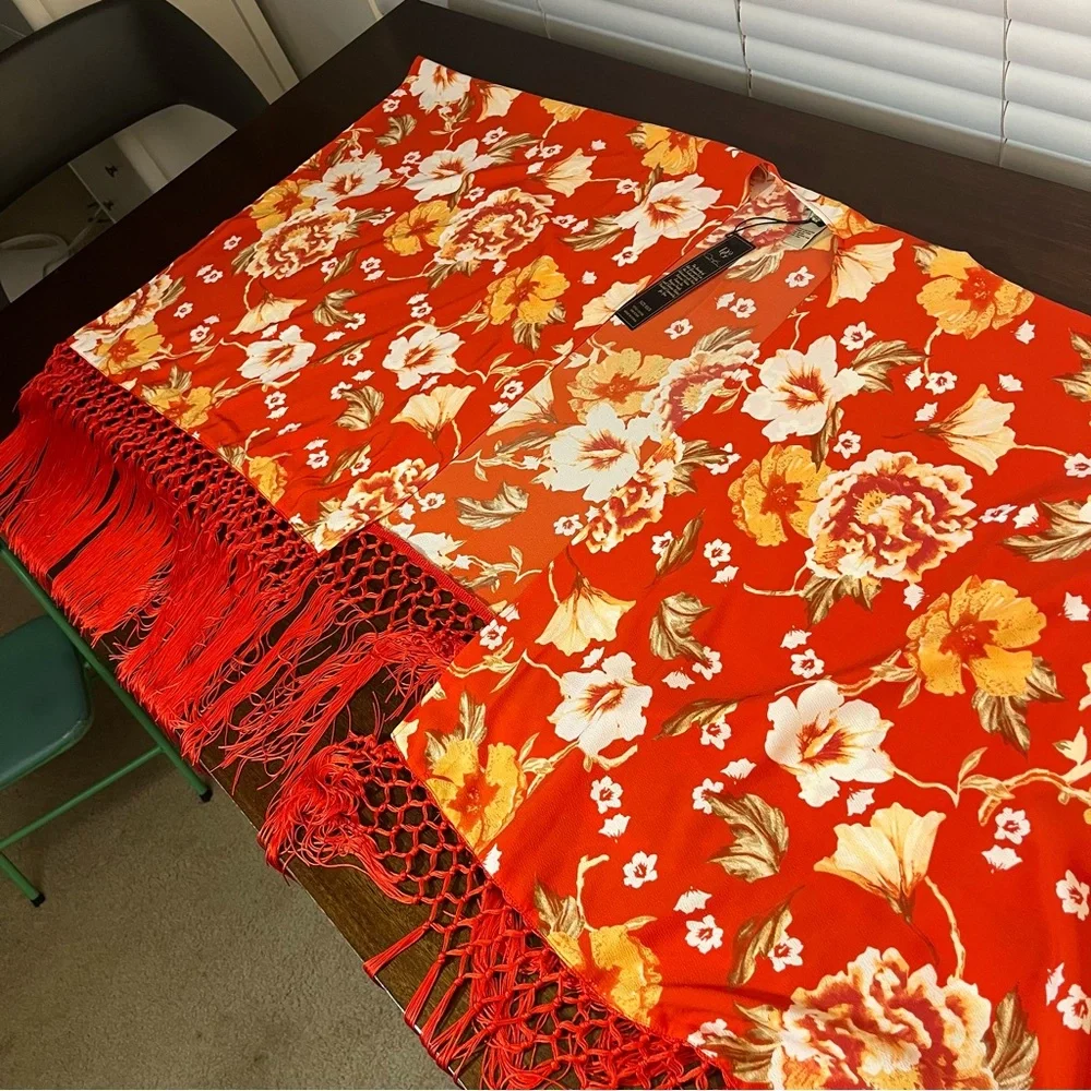 Diane Gilman Red Floral Fringe Kimono Cover-Up Red XS/S NWT